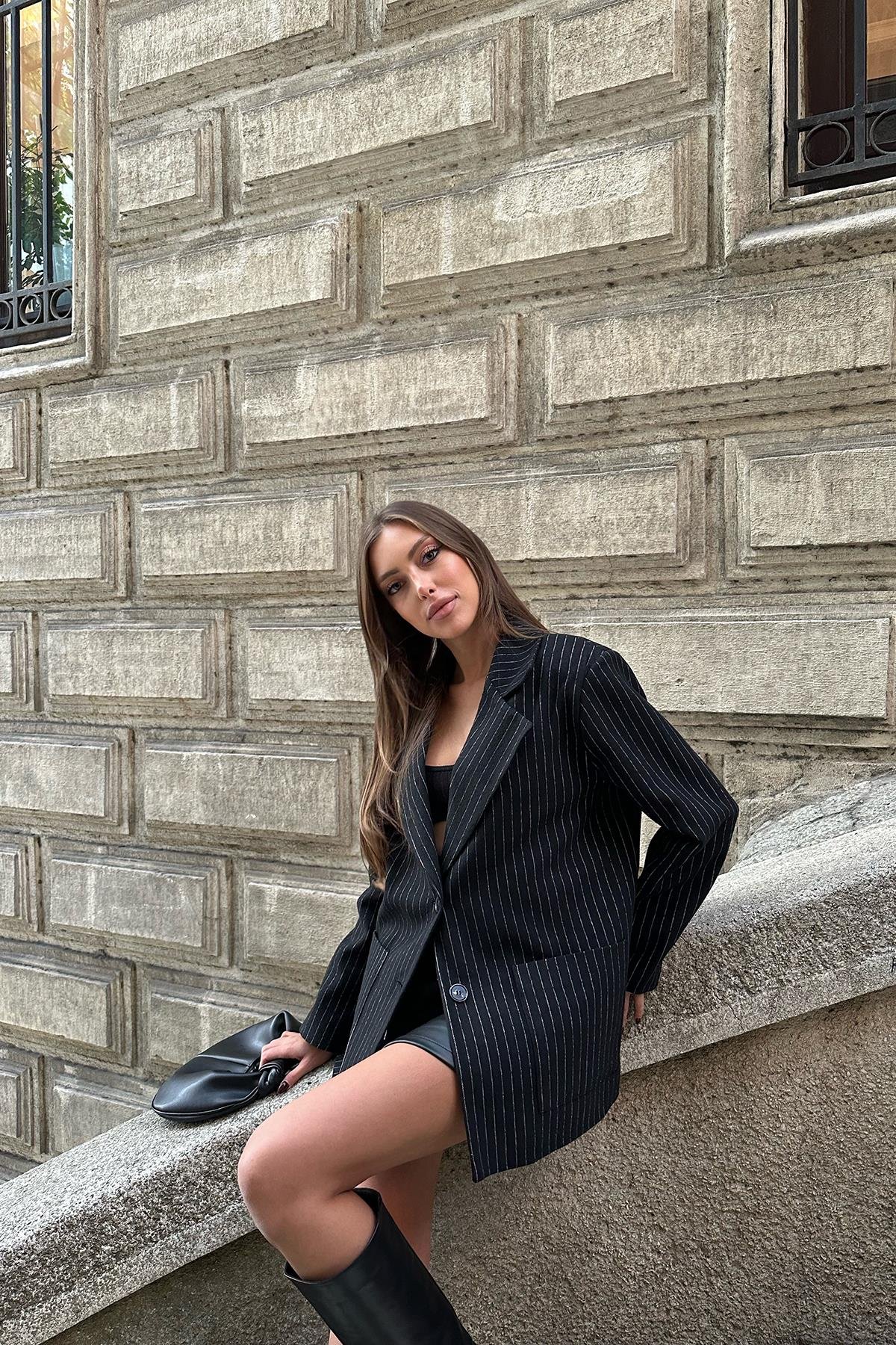 Çizgili Oversize Ceket - Siyah 8168