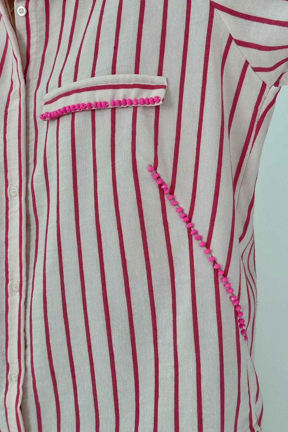 Çizgili Taşlı Gömlek - Pembe