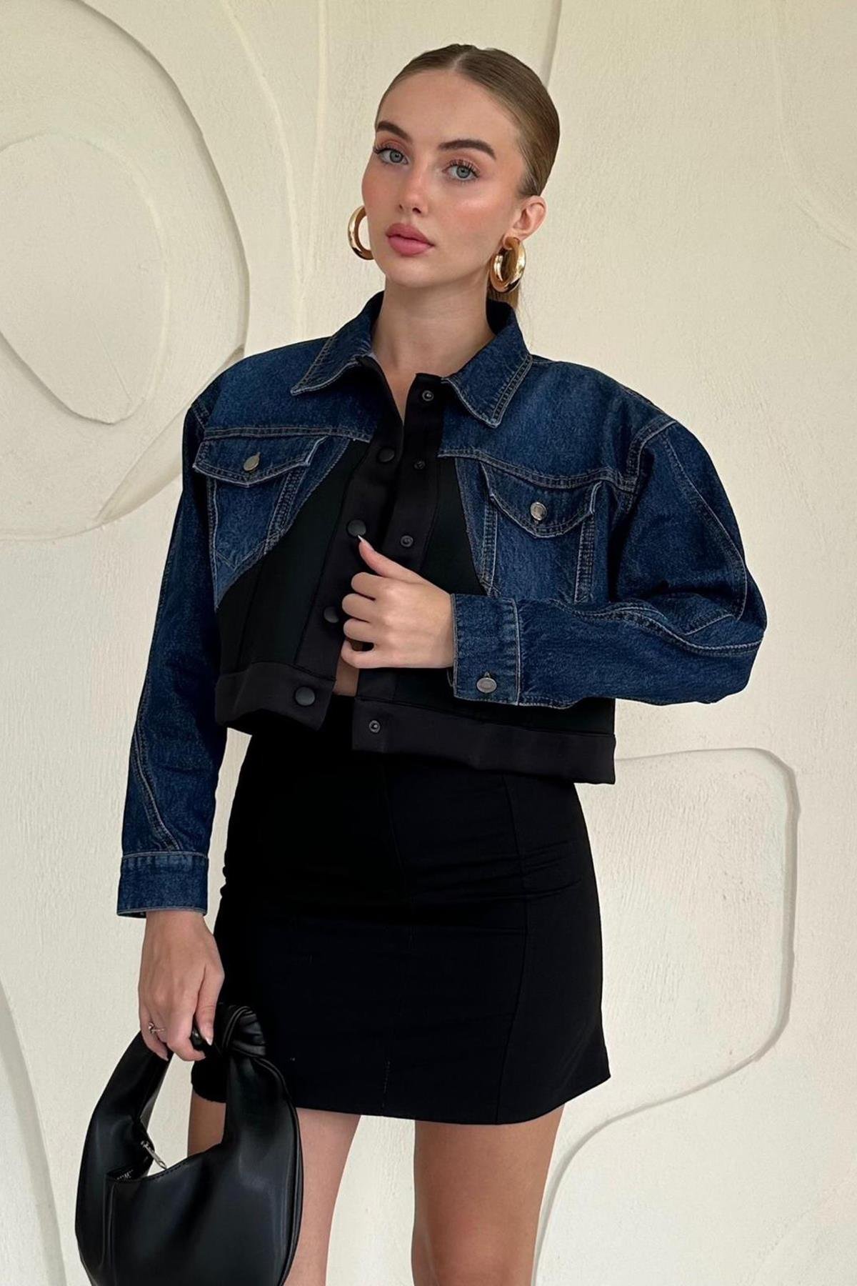 Denim Scuba Garnili Ceket - Siyah