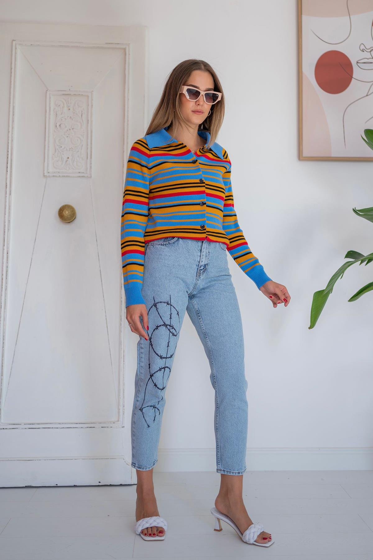 Desenli Jeans Pantolon - Mavi