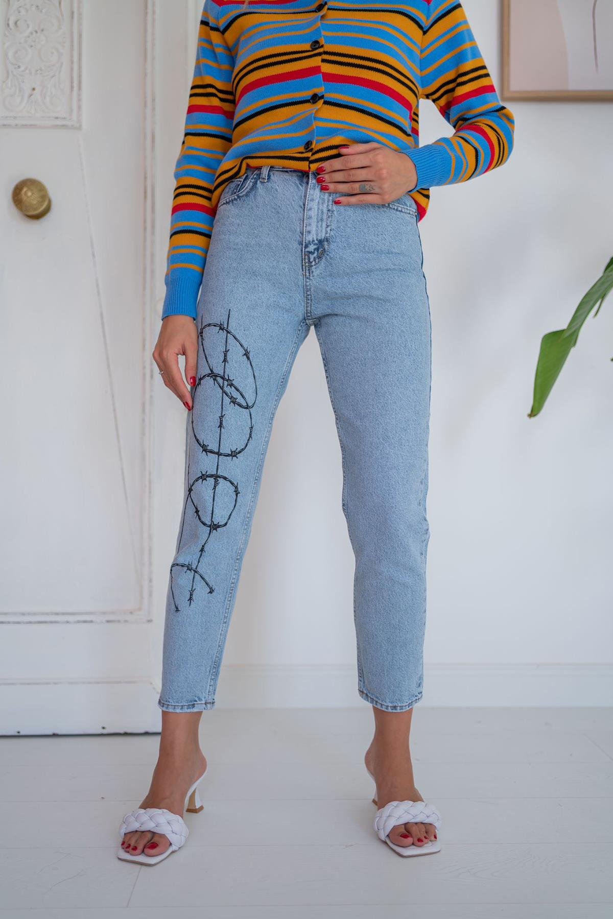 Desenli Jeans Pantolon - Mavi