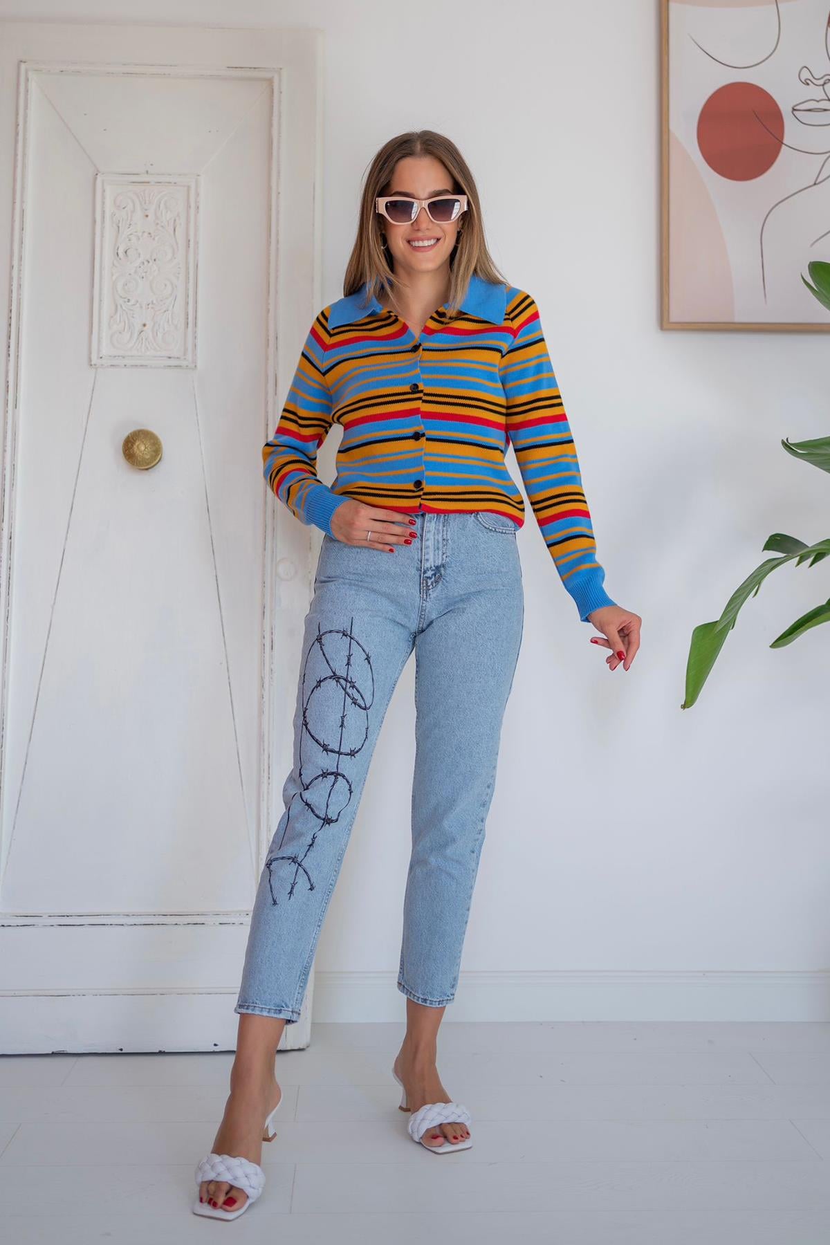 Desenli Jeans Pantolon - Mavi