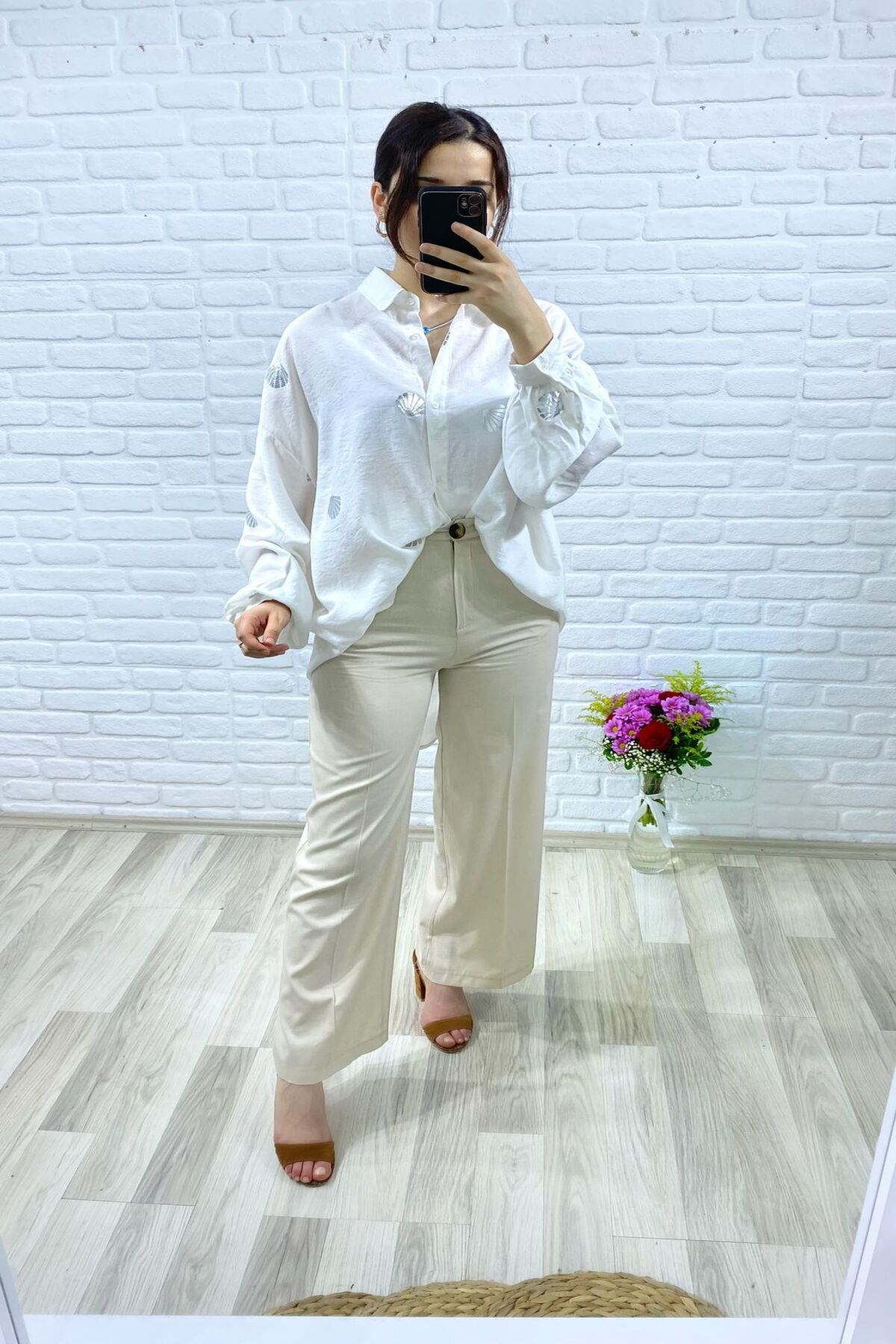 ELBEE Baskılı Oversize Gömlek - Beyaz