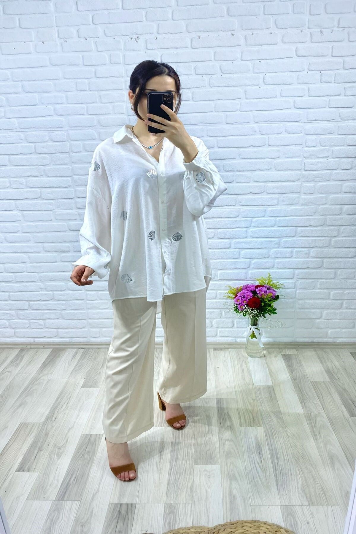 ELBEE Baskılı Oversize Gömlek - Beyaz