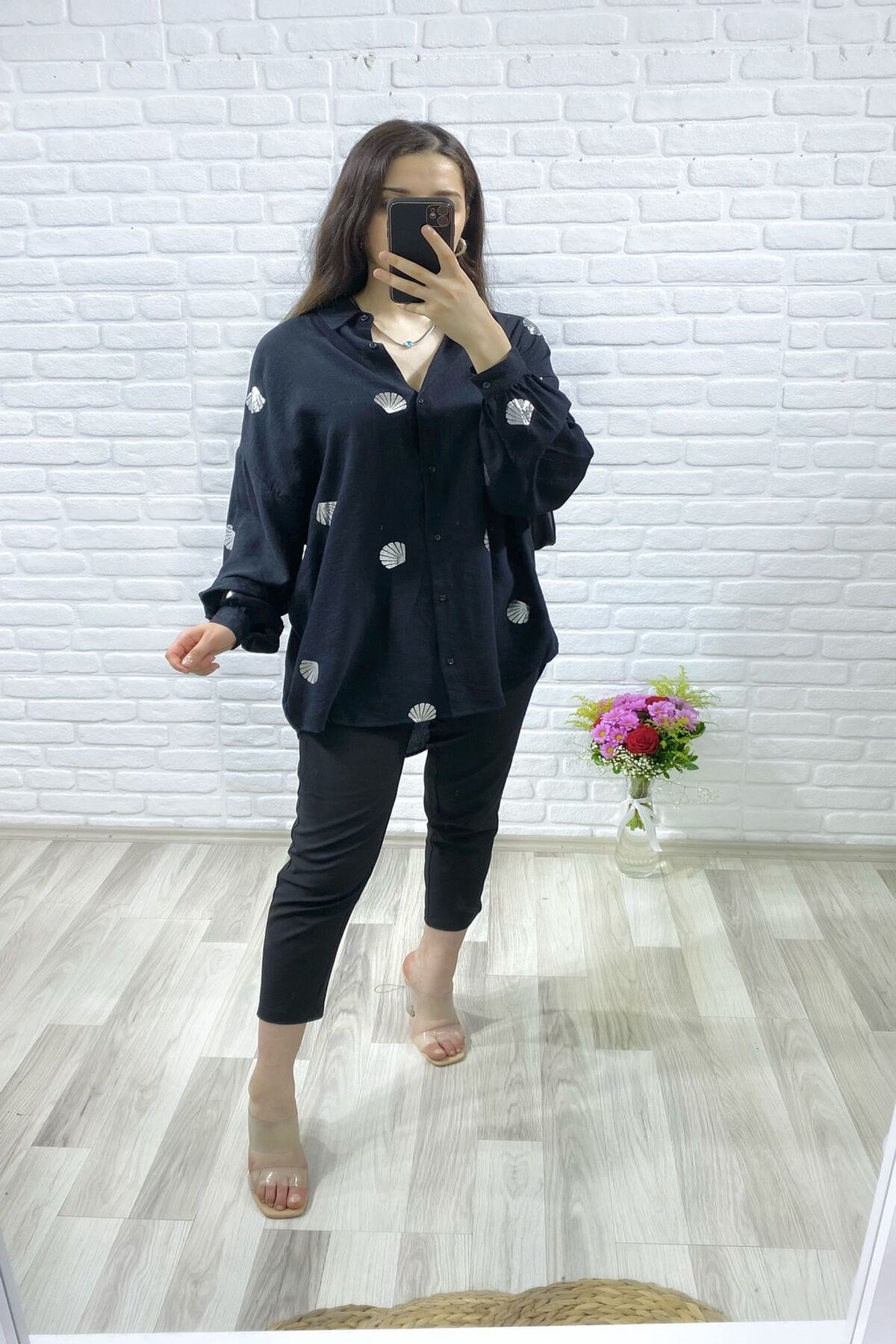 ELBEE Baskılı Oversize Gömlek - Siyah