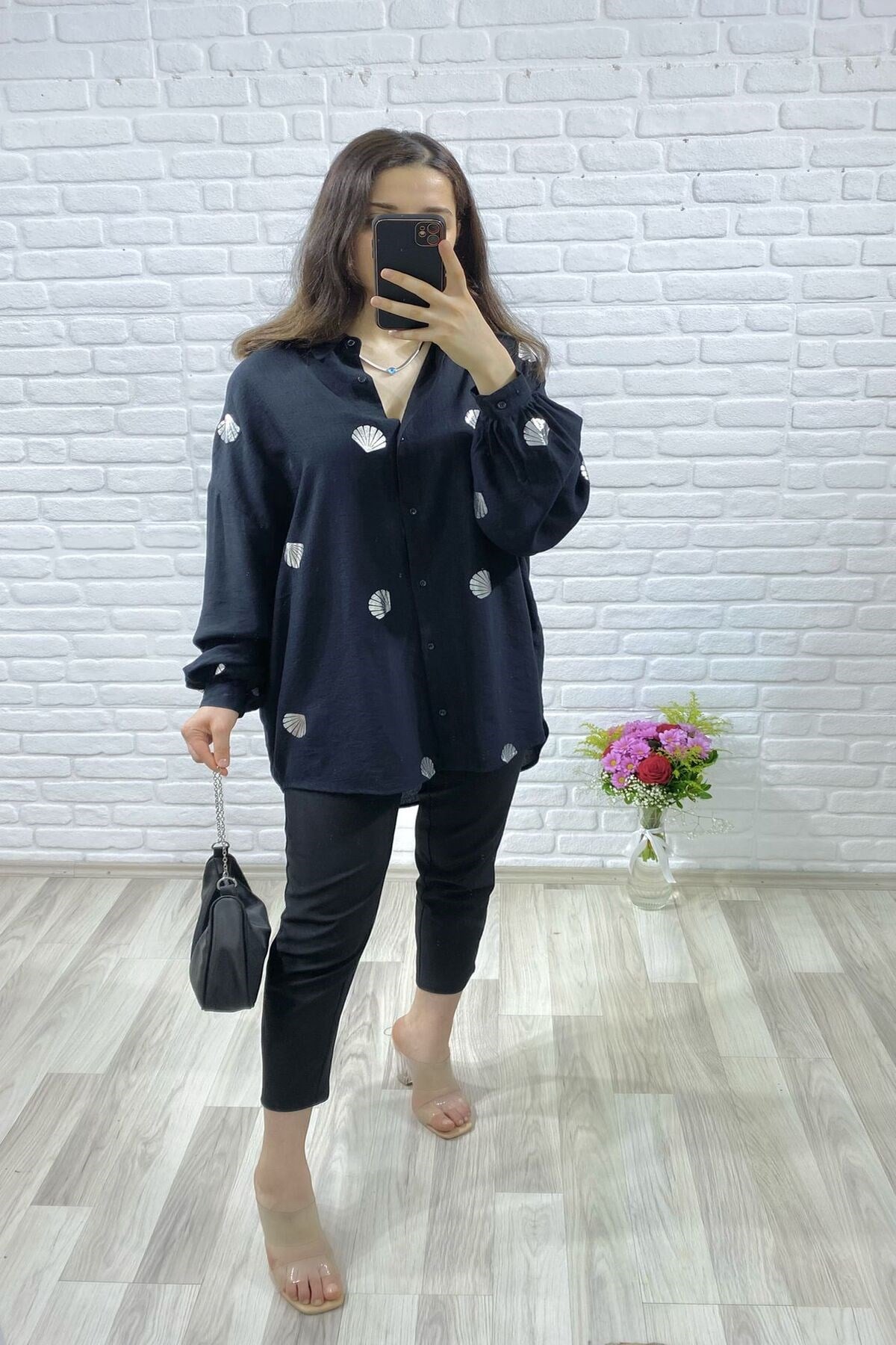 ELBEE Baskılı Oversize Gömlek - Siyah