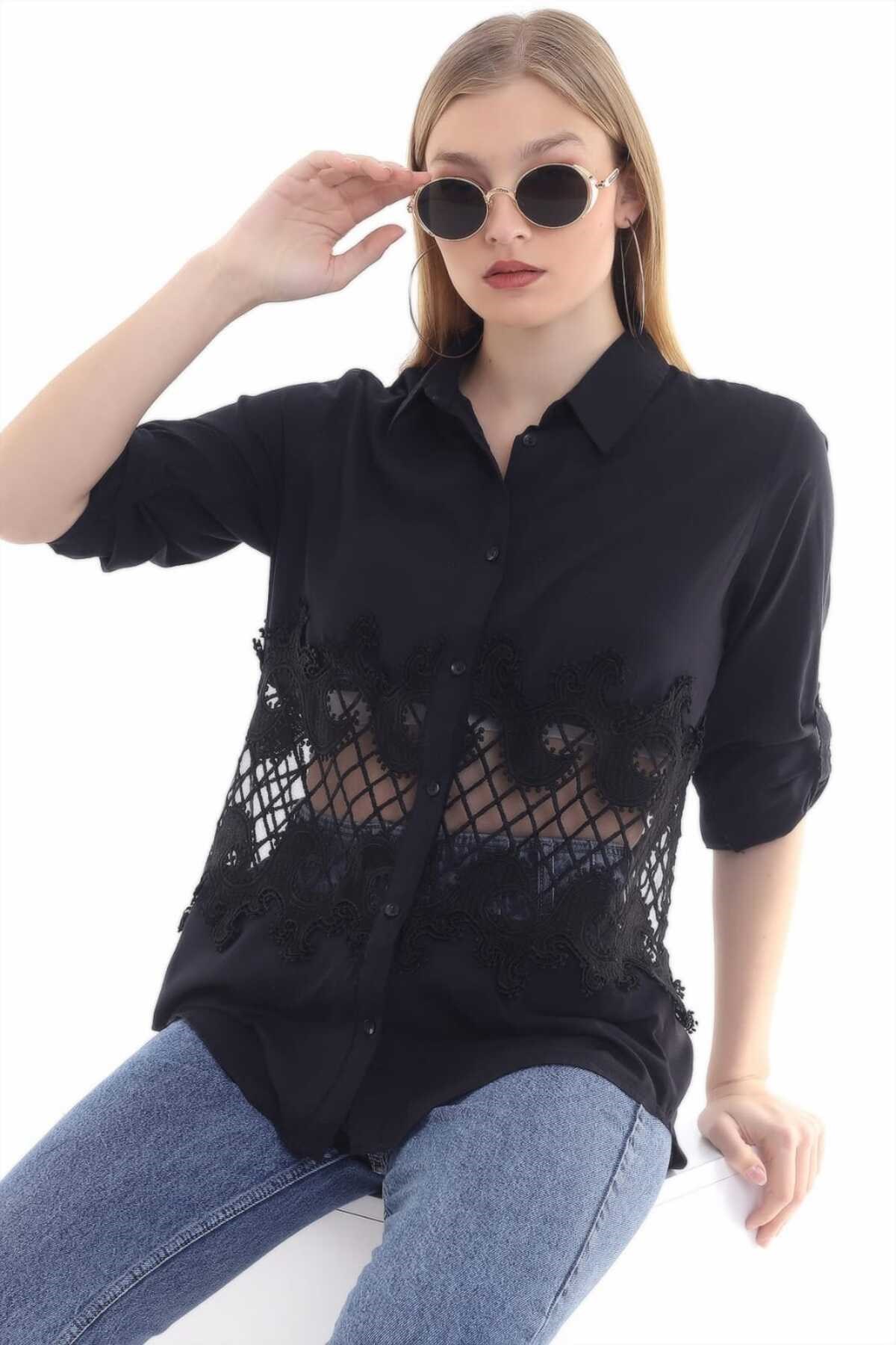 ELBEE Beli Dantelli Oxford Gömlek - Siyah