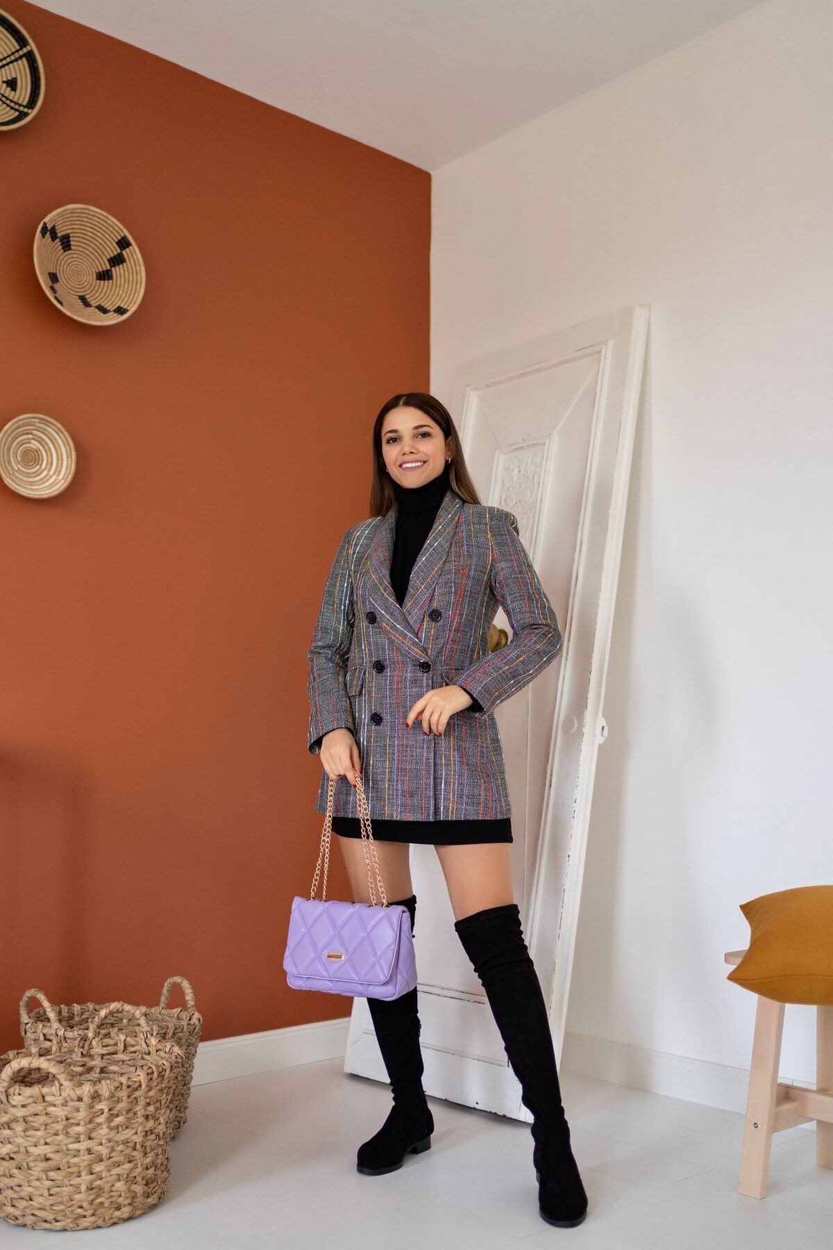 ELBEE Blazer Düğmeli Ceket - Gri & Kırmızı & Sarı