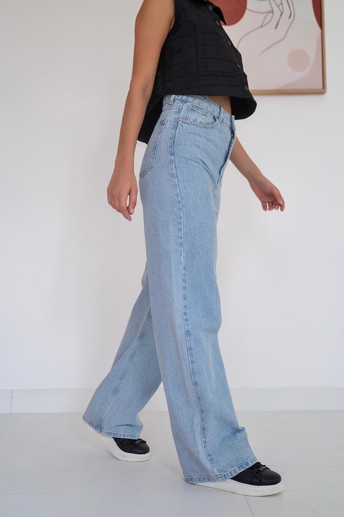 ELBEE Bol Paça Mom Jeans Pantolon - Mavi