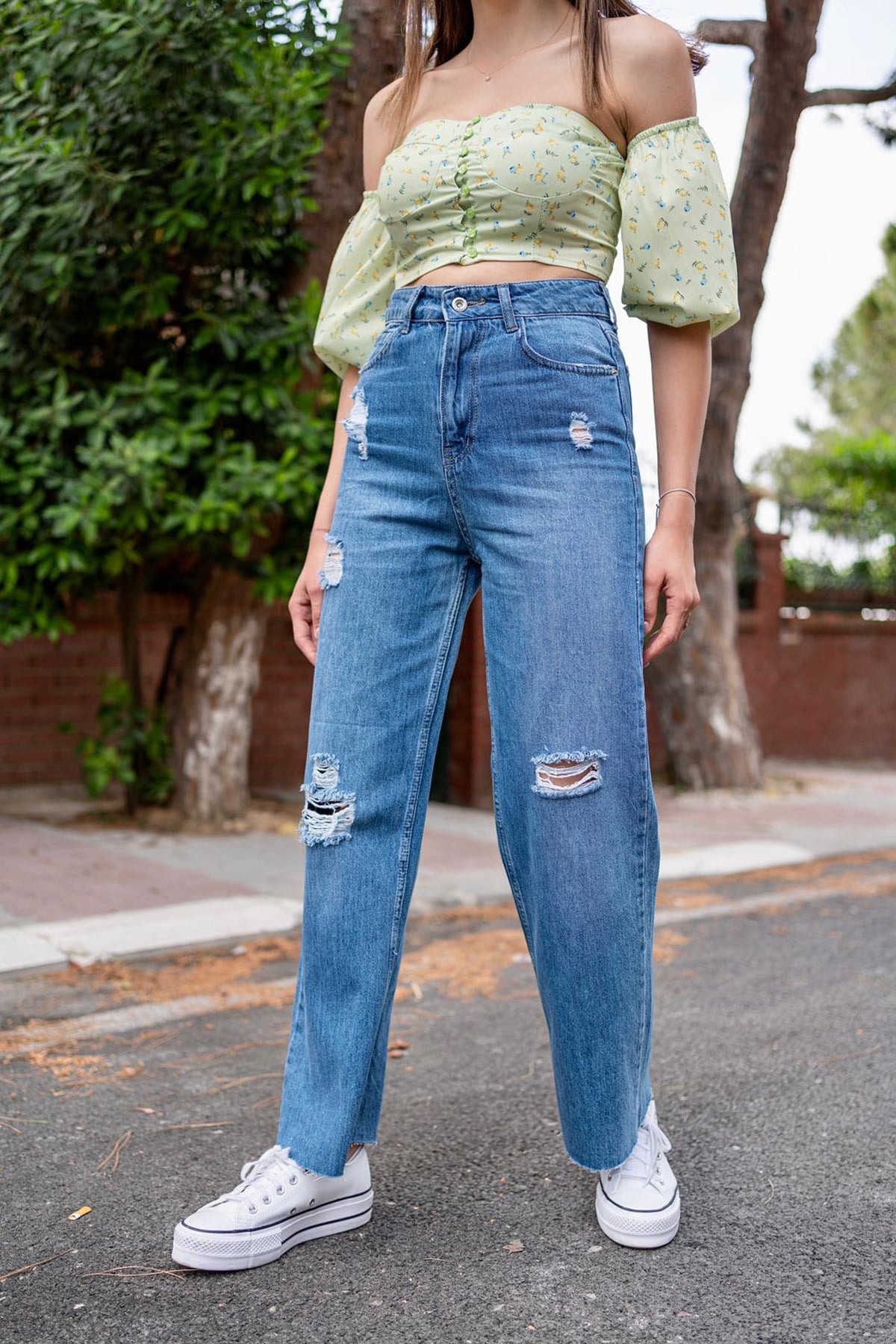 ELBEE Bol Paça Mom Jeans Pantolon - Mavi