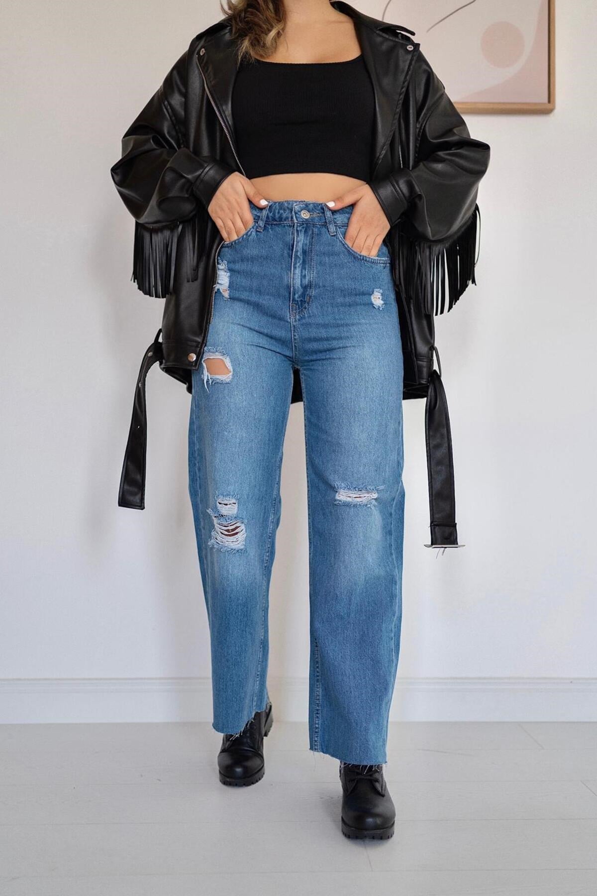 ELBEE Bol Paça Mom Jeans Pantolon - Mavi