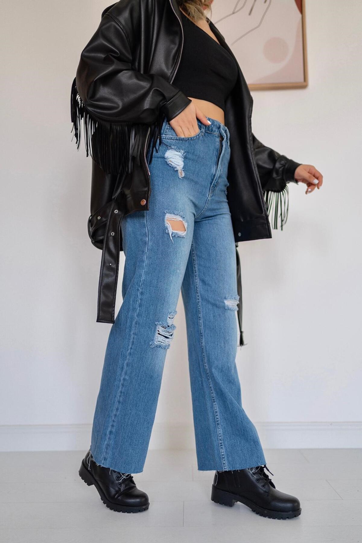 ELBEE Bol Paça Mom Jeans Pantolon - Mavi