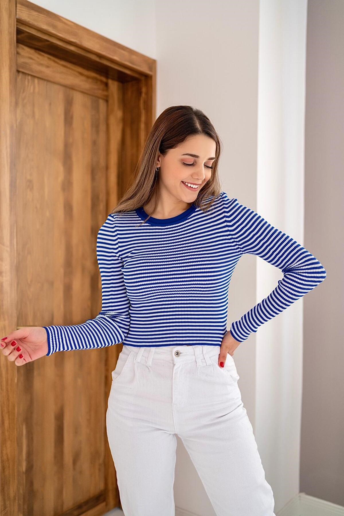 ELBEE Çizgili Bluz - Mavi