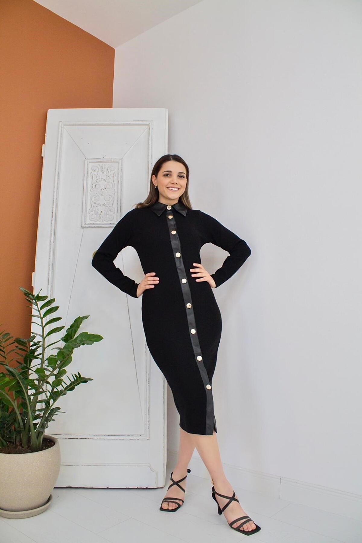 ELBEE Deri Detaylı Elbise - Siyah