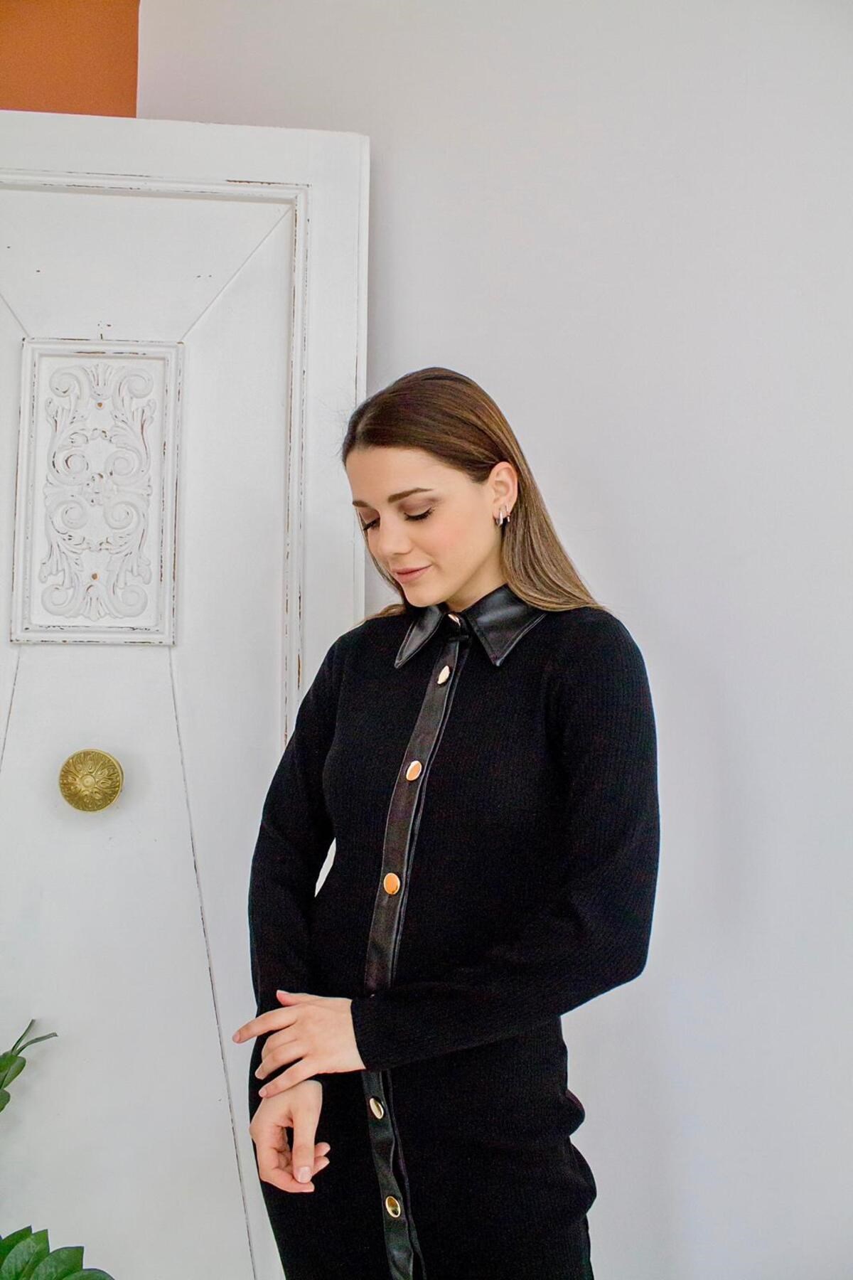 ELBEE Deri Detaylı Elbise - Siyah