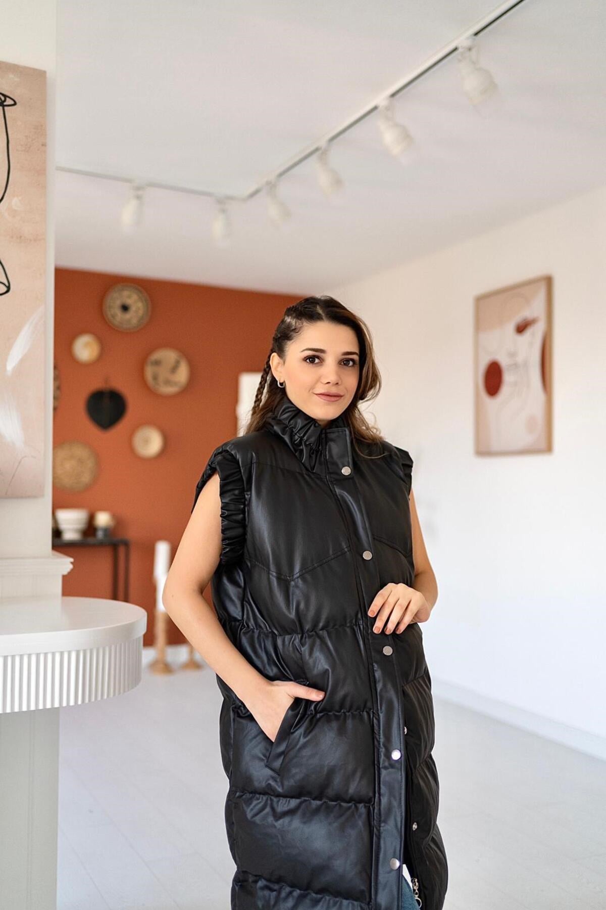 ELBEE Deri Şişme Yelek - Siyah