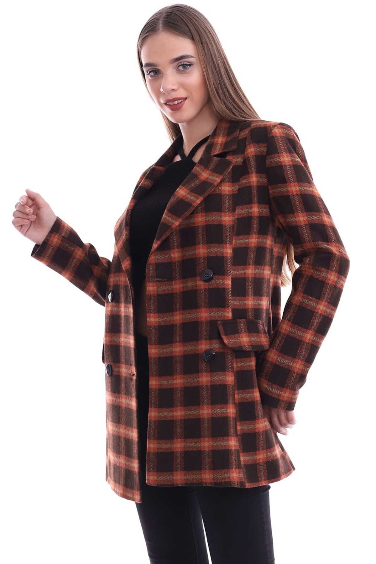 ELBEE Ekose Desen Düğmeli Ceket - Taba