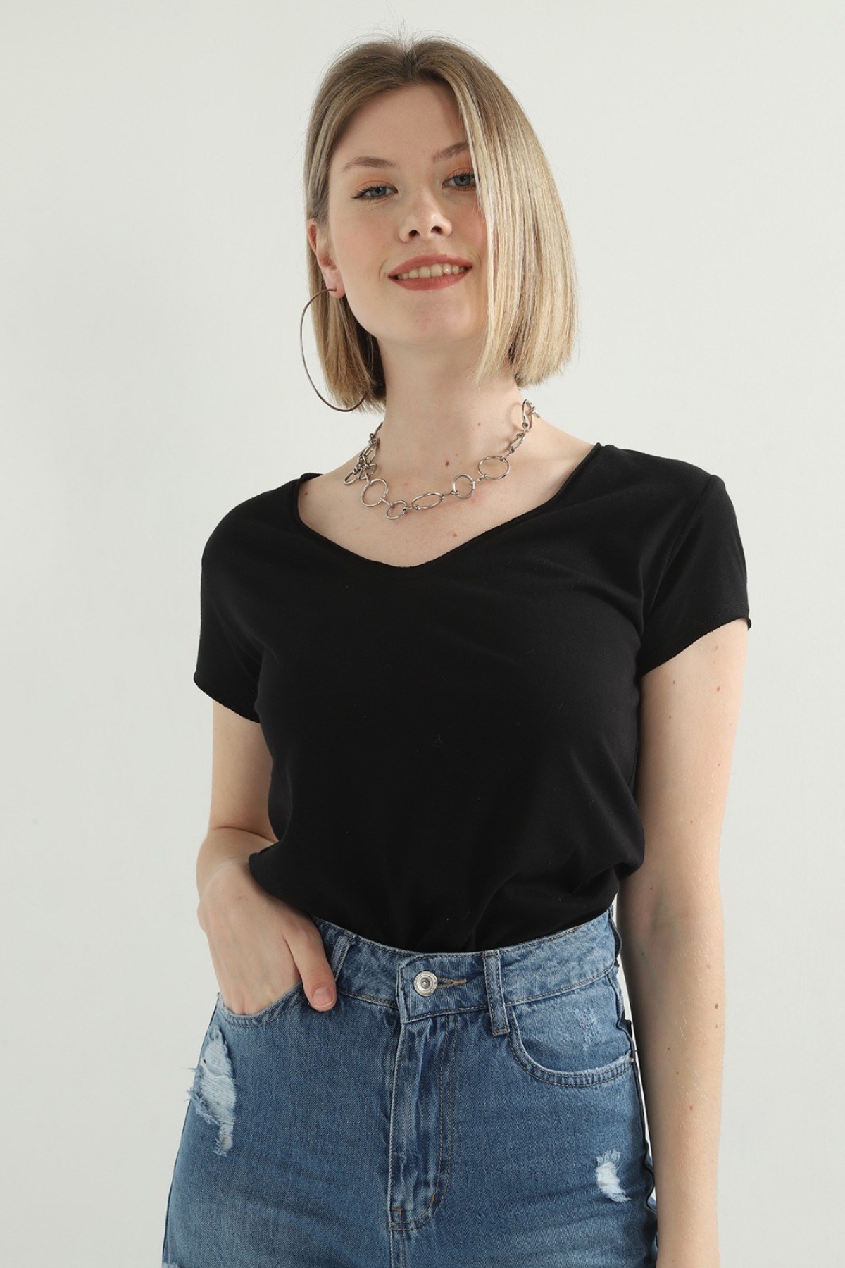 ELBEE Etek ve Kol Ucu Pis Dikiş T-Shirt - Siyah