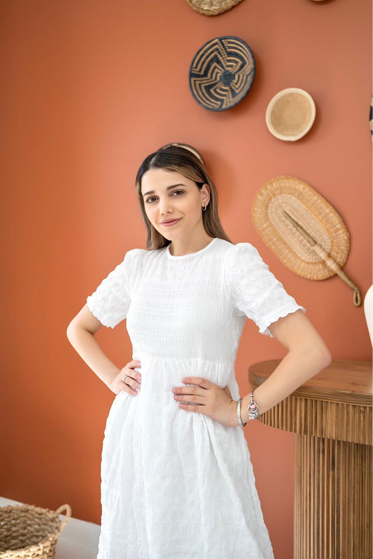 ELBEE Gofre Elbise - Beyaz