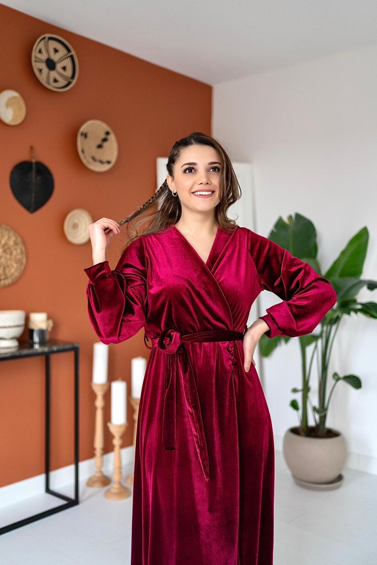 ELBEE Kadife Elbise - Bordo