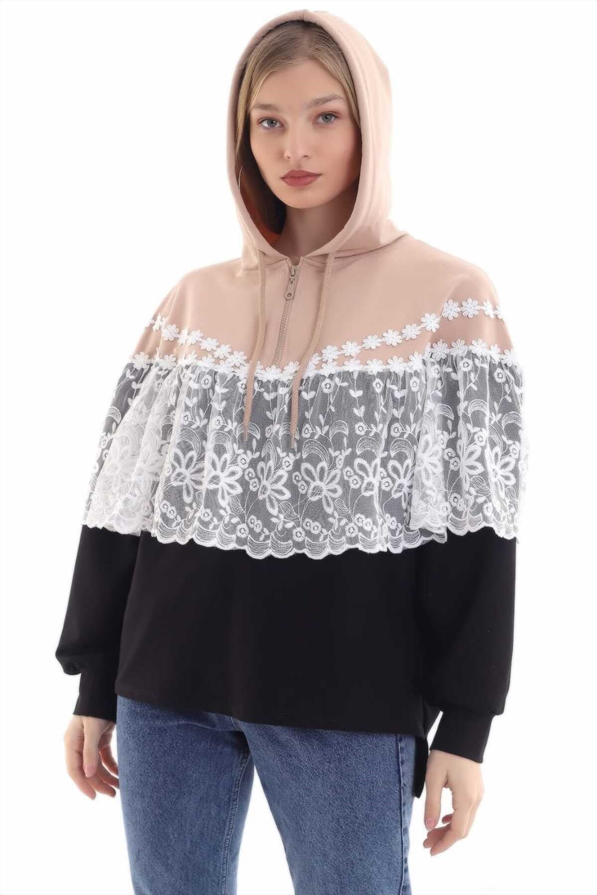 ELBEE Kapüşonlu Dantelli Yarasa Sweatshirt - Siyah