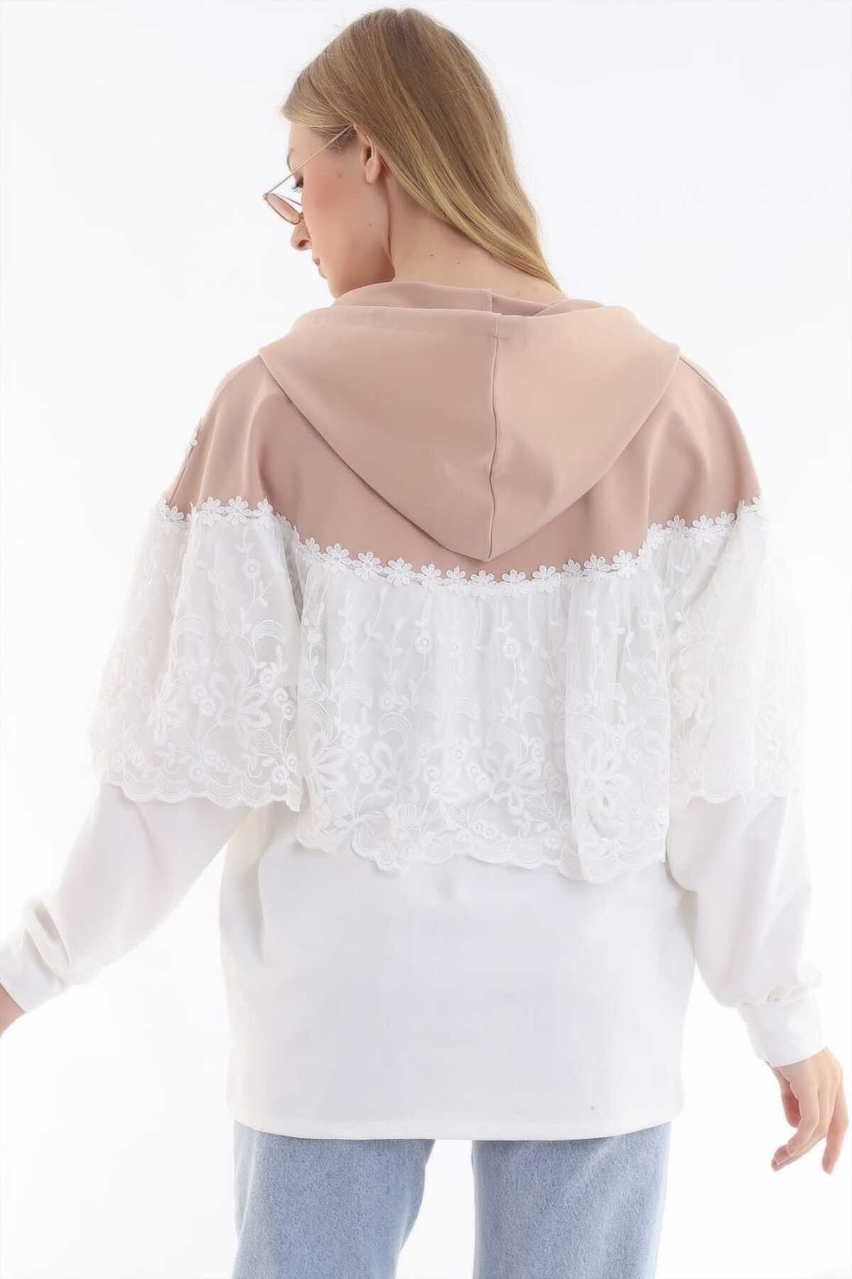 ELBEE Kapüşonlu Dantelli Yarasa Sweatshirt - Beyaz