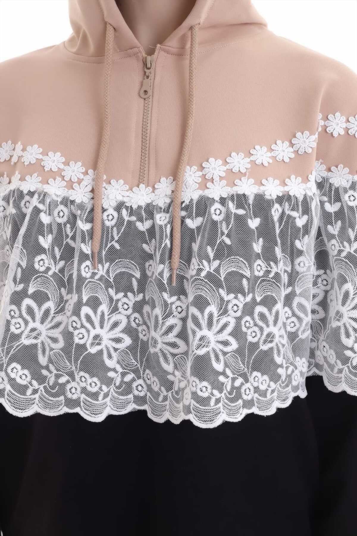 ELBEE Kapüşonlu Dantelli Yarasa Sweatshirt - Siyah
