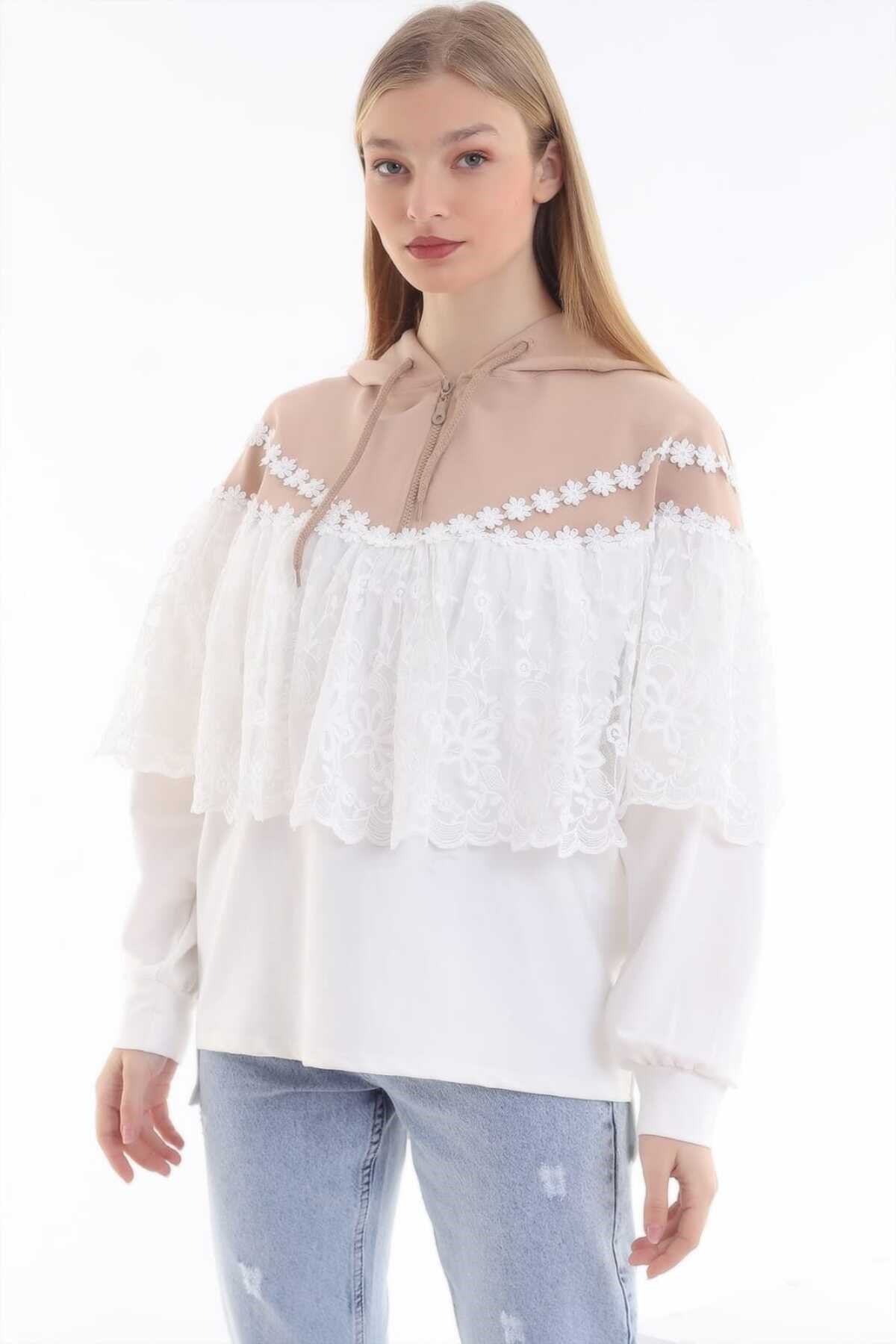 ELBEE Kapüşonlu Dantelli Yarasa Sweatshirt - Beyaz