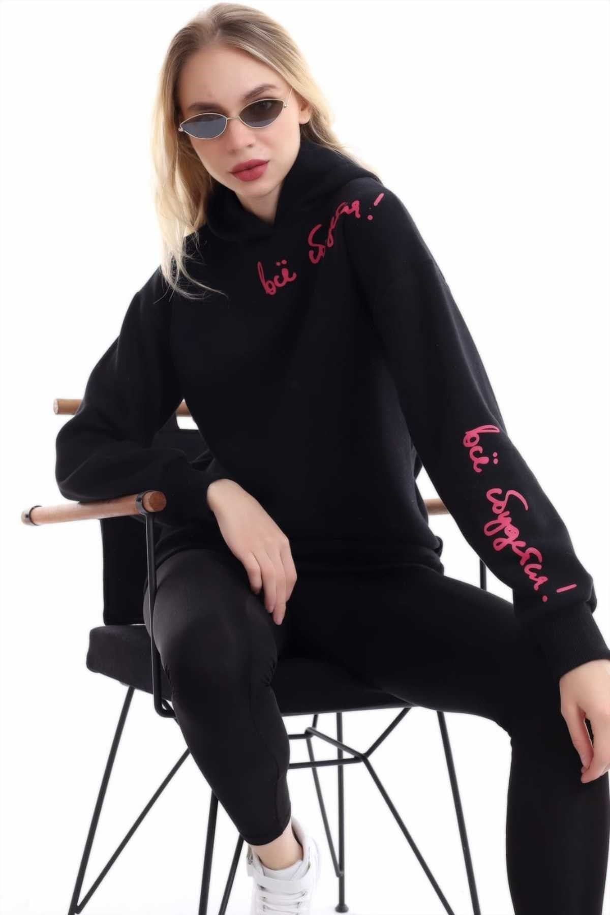 ELBEE Kapüşonlu ve Baskılı Sweatshirt - Siyah & Pembe