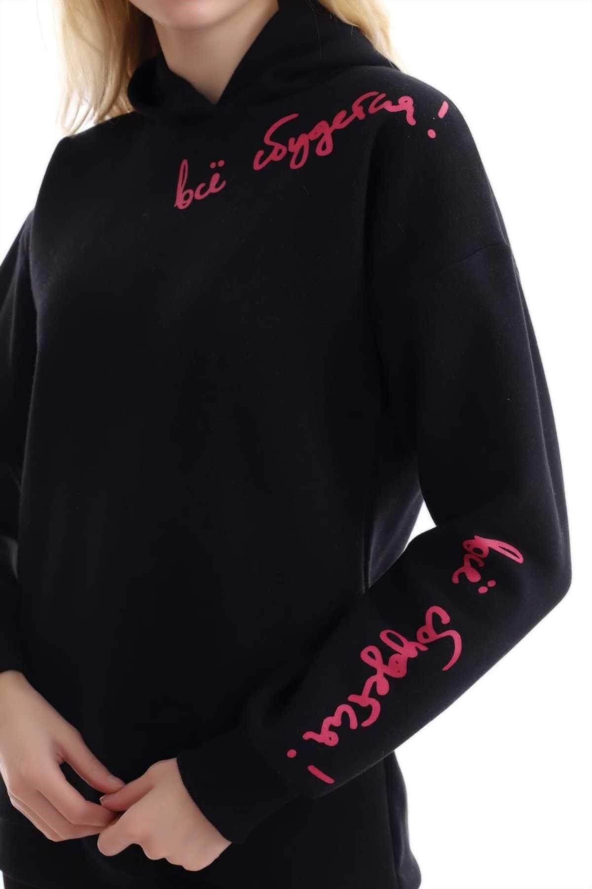 ELBEE Kapüşonlu ve Baskılı Sweatshirt - Siyah & Pembe
