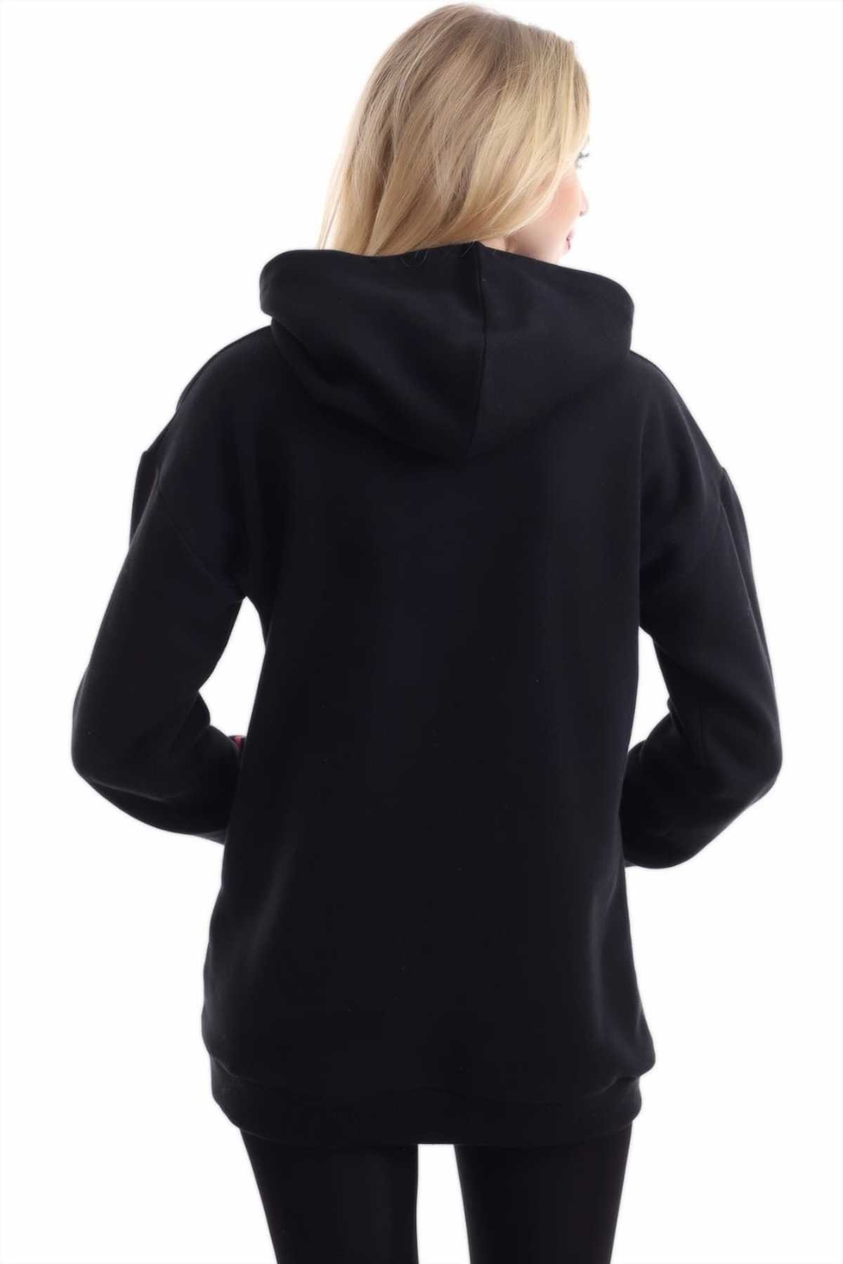 ELBEE Kapüşonlu ve Baskılı Sweatshirt - Siyah & Pembe