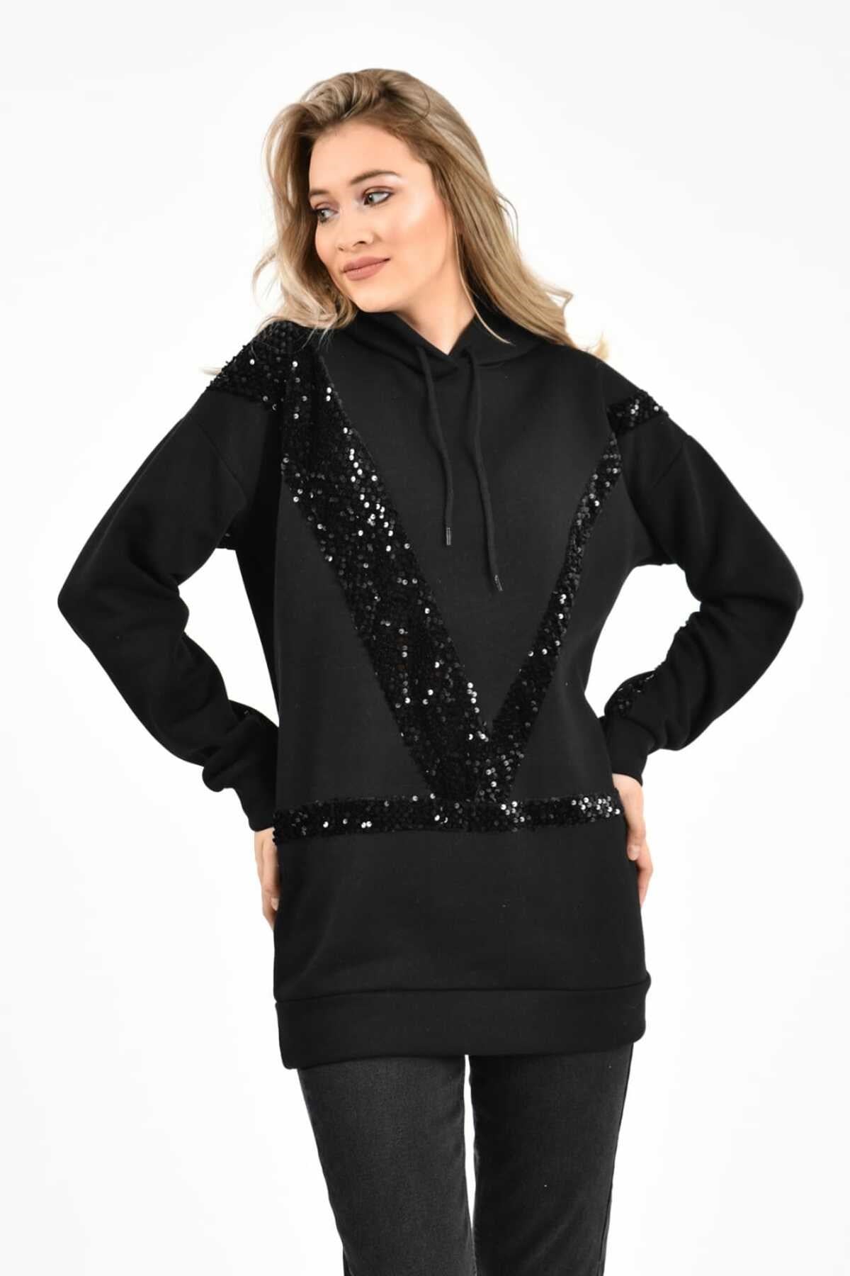 ELBEE Kapüşonlu ve Siyah Pullu Sweatshirt - Siyah
