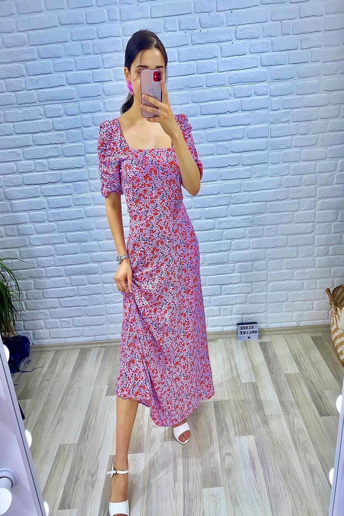 ELBEE Kare Yaka Yırtmaçlı Elbise - Pembe