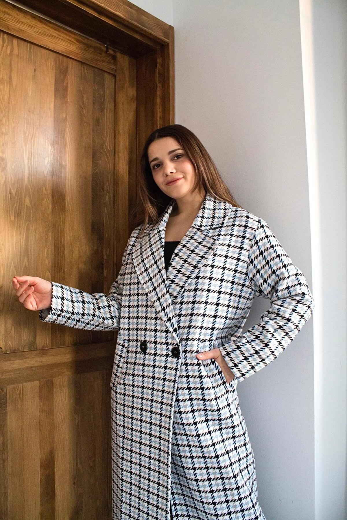 ELBEE Kazayağı Desenli Kaban - Mavi & Beyaz