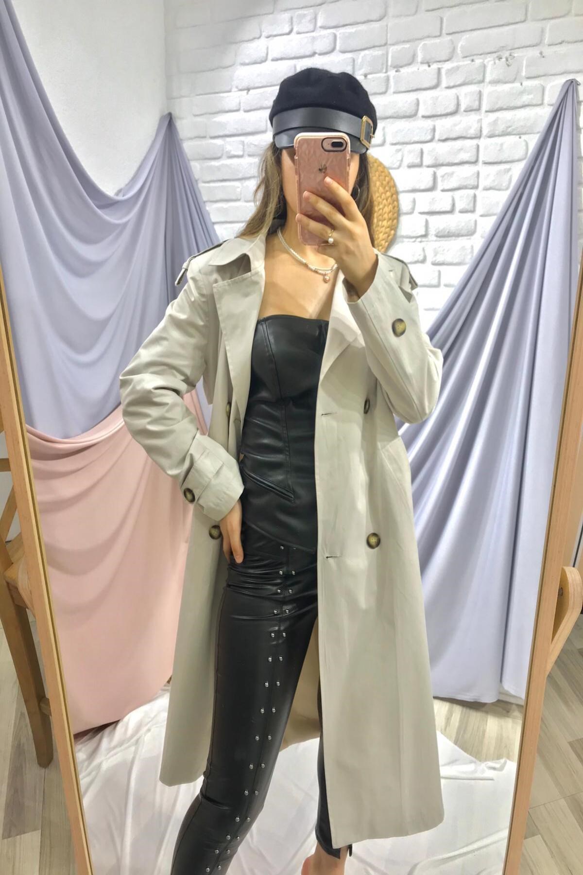 ELBEE Kemerli ve Düğmeli Trençkot - Beyaz