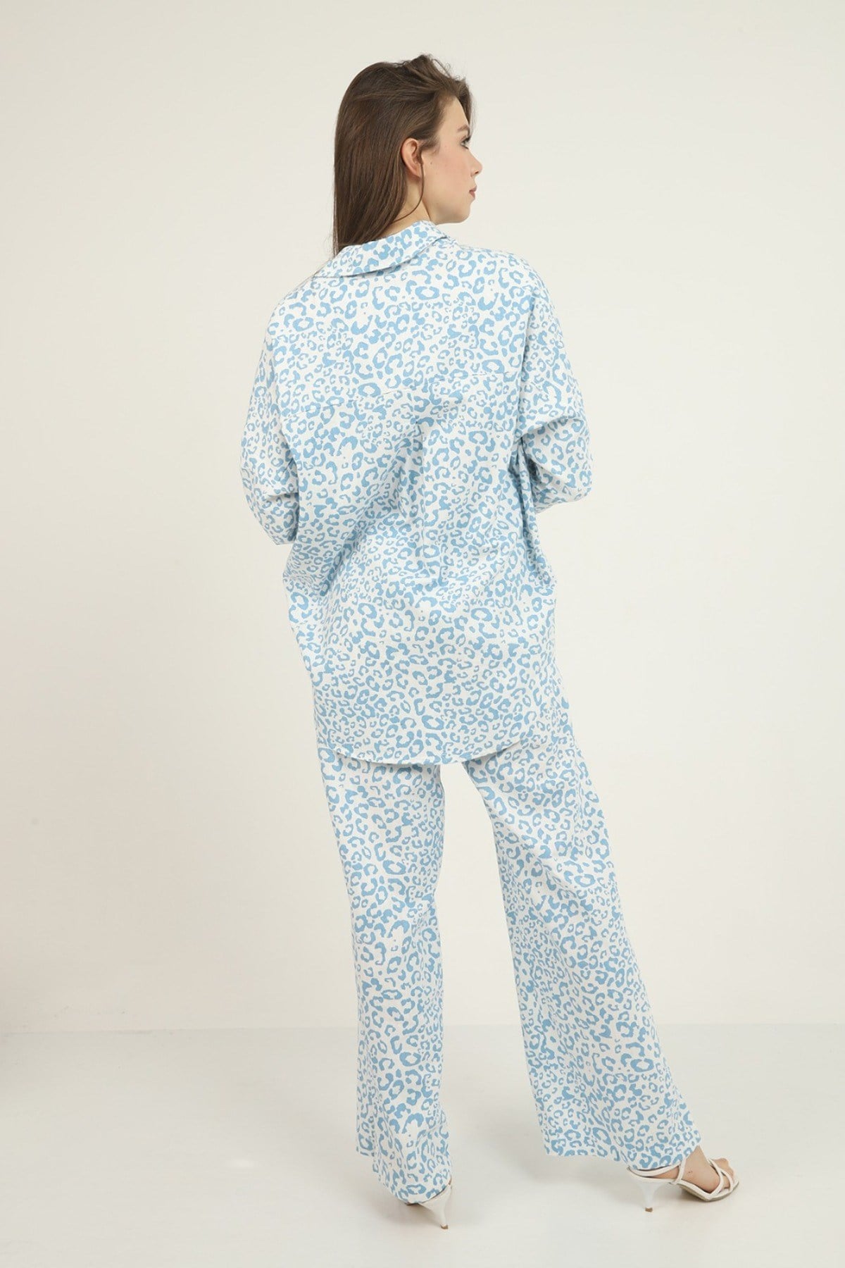 ELBEE Leopar Desenli Yırtmaçlı Pantolon - Mavi
