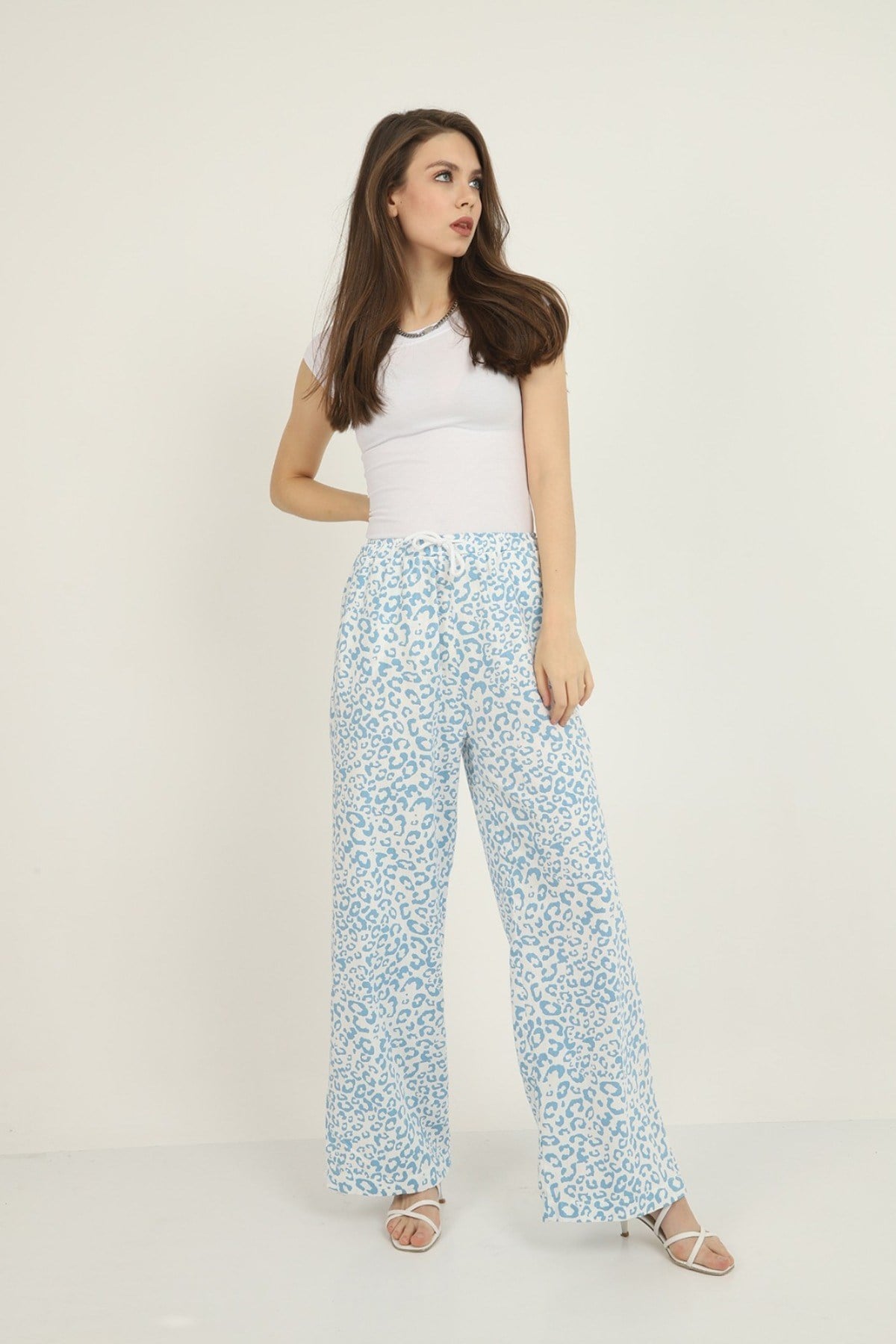 ELBEE Leopar Desenli Yırtmaçlı Pantolon - Mavi