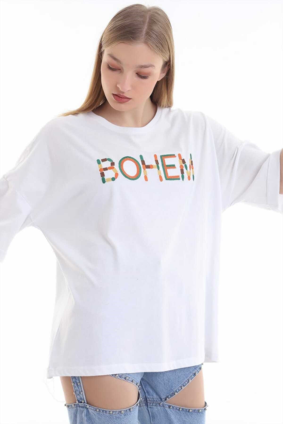 ELBEE Nakışlı Casual T-Shirt - Beyaz