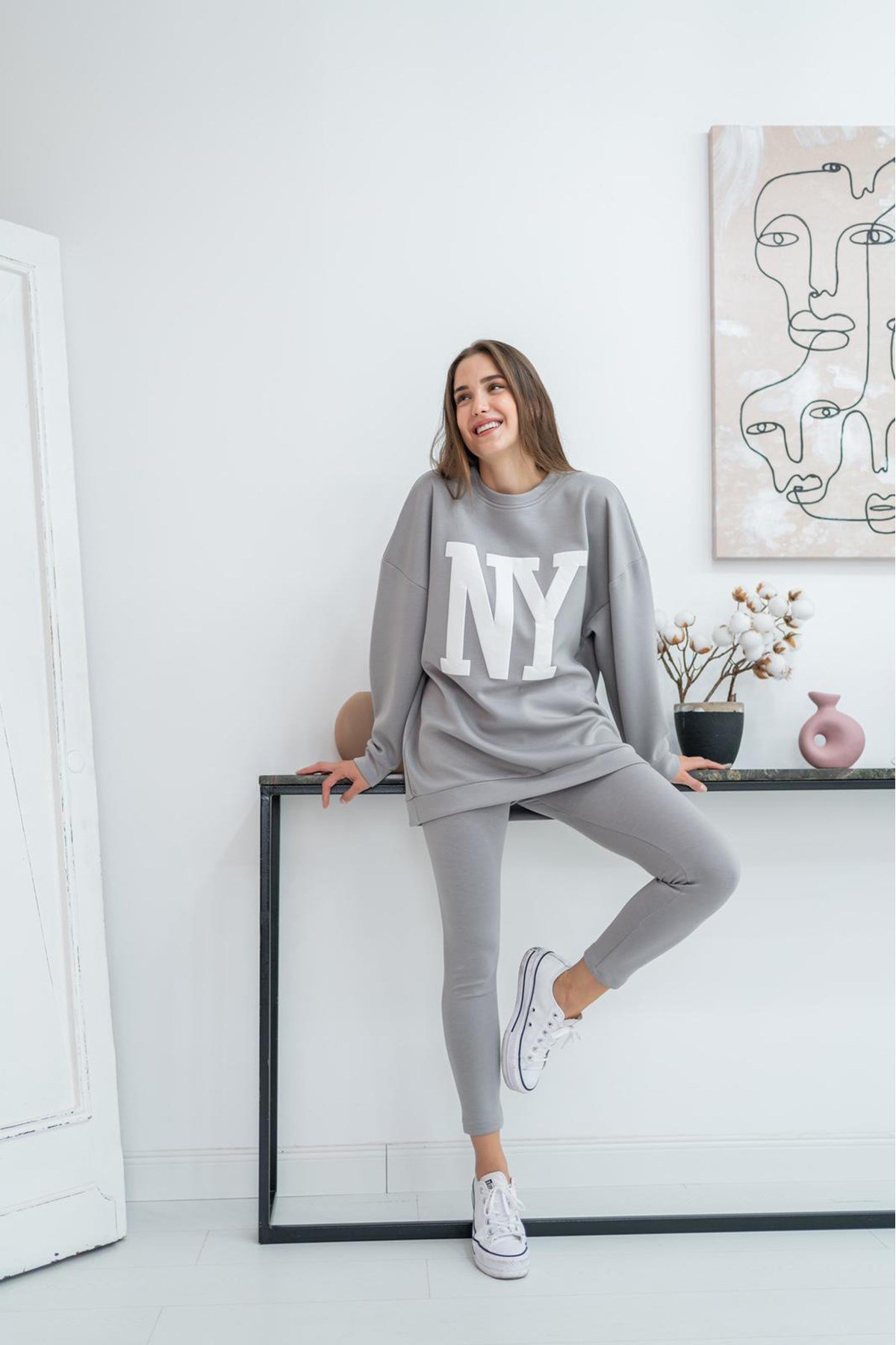 ELBEE NY Baskılı Oysho Takım - Gri
