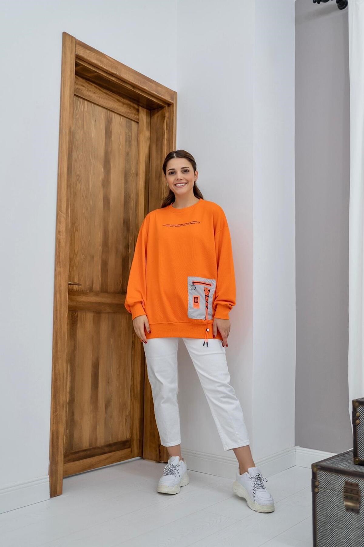 ELBEE Önü Yazılı Sweatshirt - Turuncu