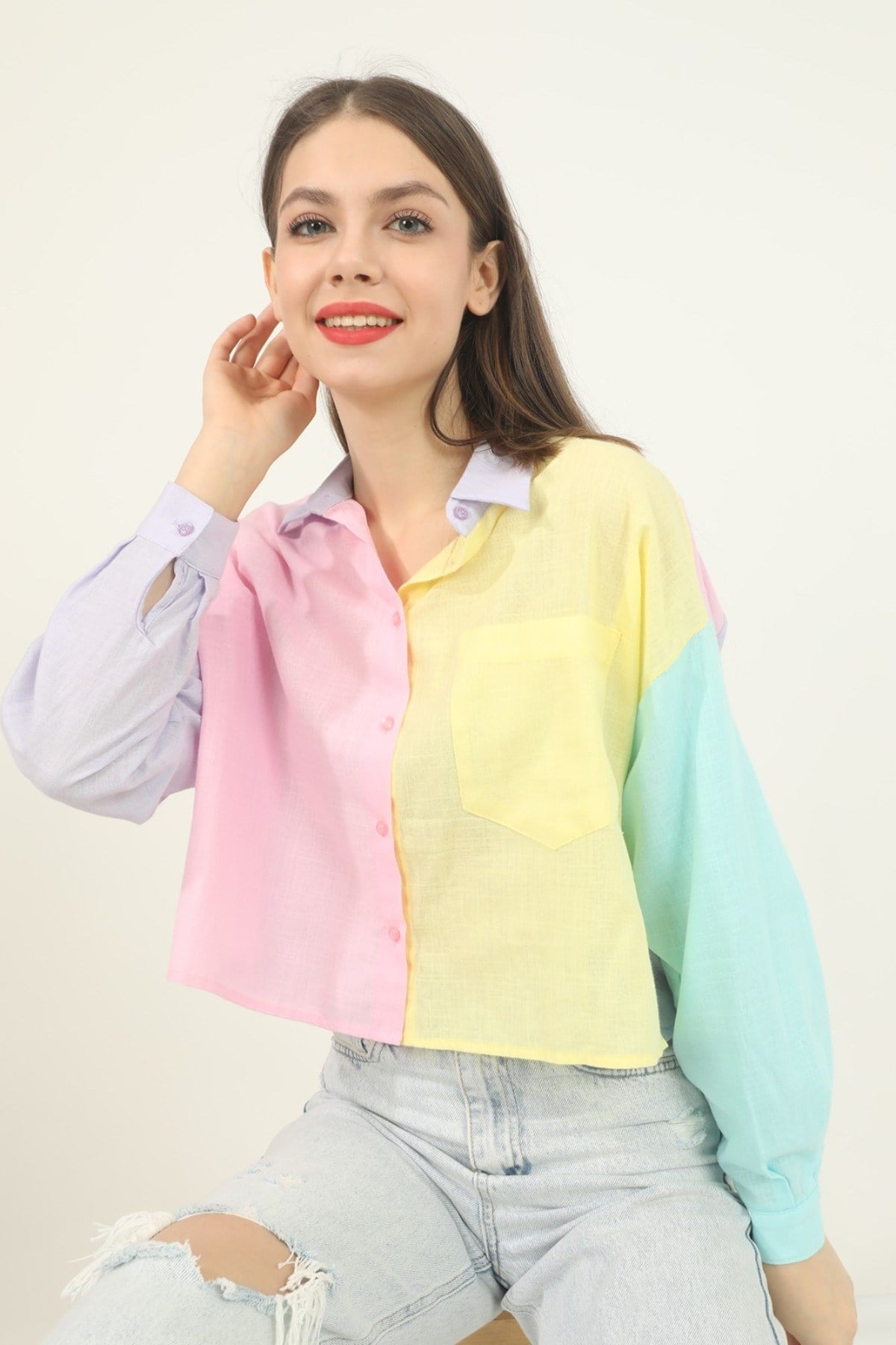 ELBEE Renk Kombinasyonlu Gömlek - Pembe & Sarı