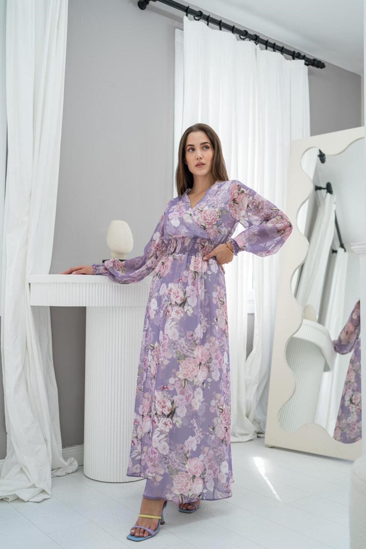 ELBEE Şanzelize Çiçek Desenli Elbise - Lila