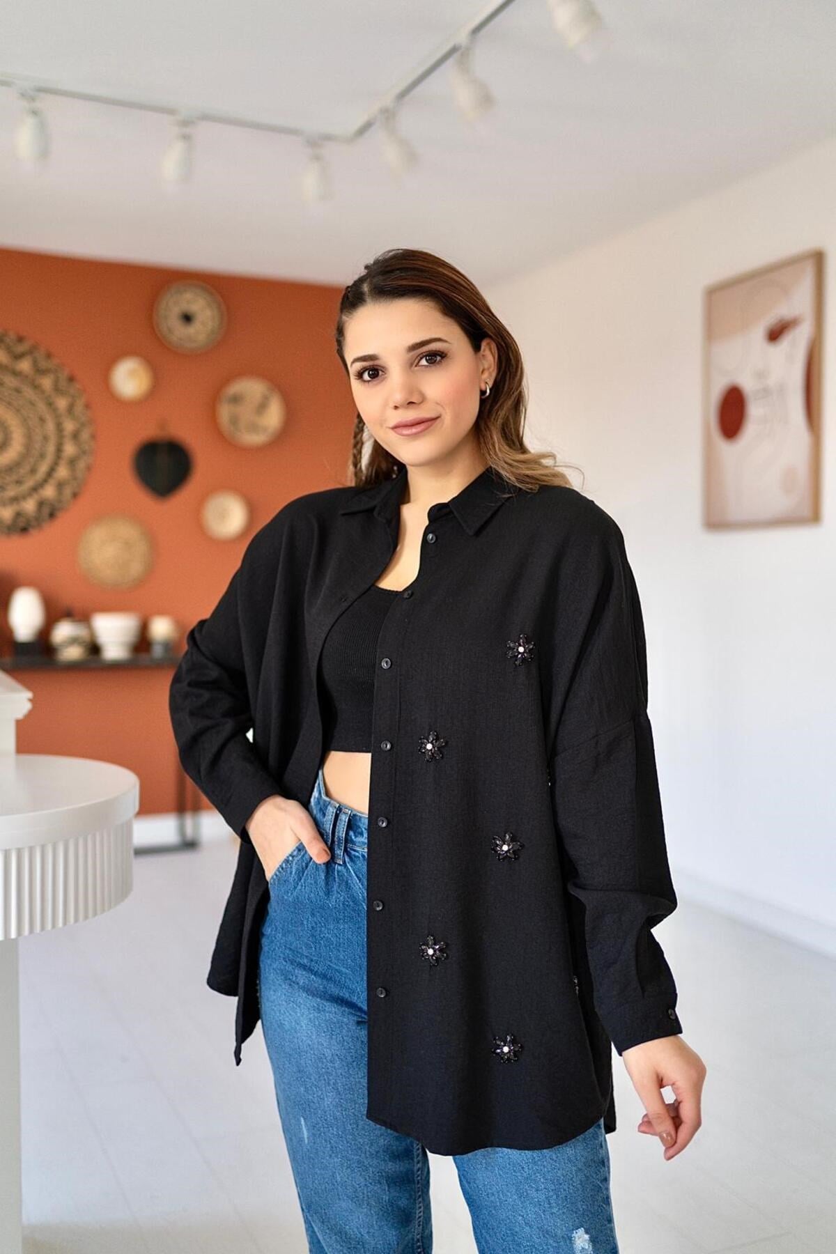 ELBEE Taş İşlemeli Stylish Gömlek - Siyah