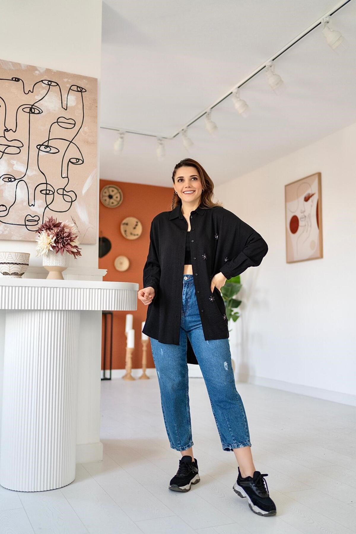ELBEE Taş İşlemeli Stylish Gömlek - Siyah