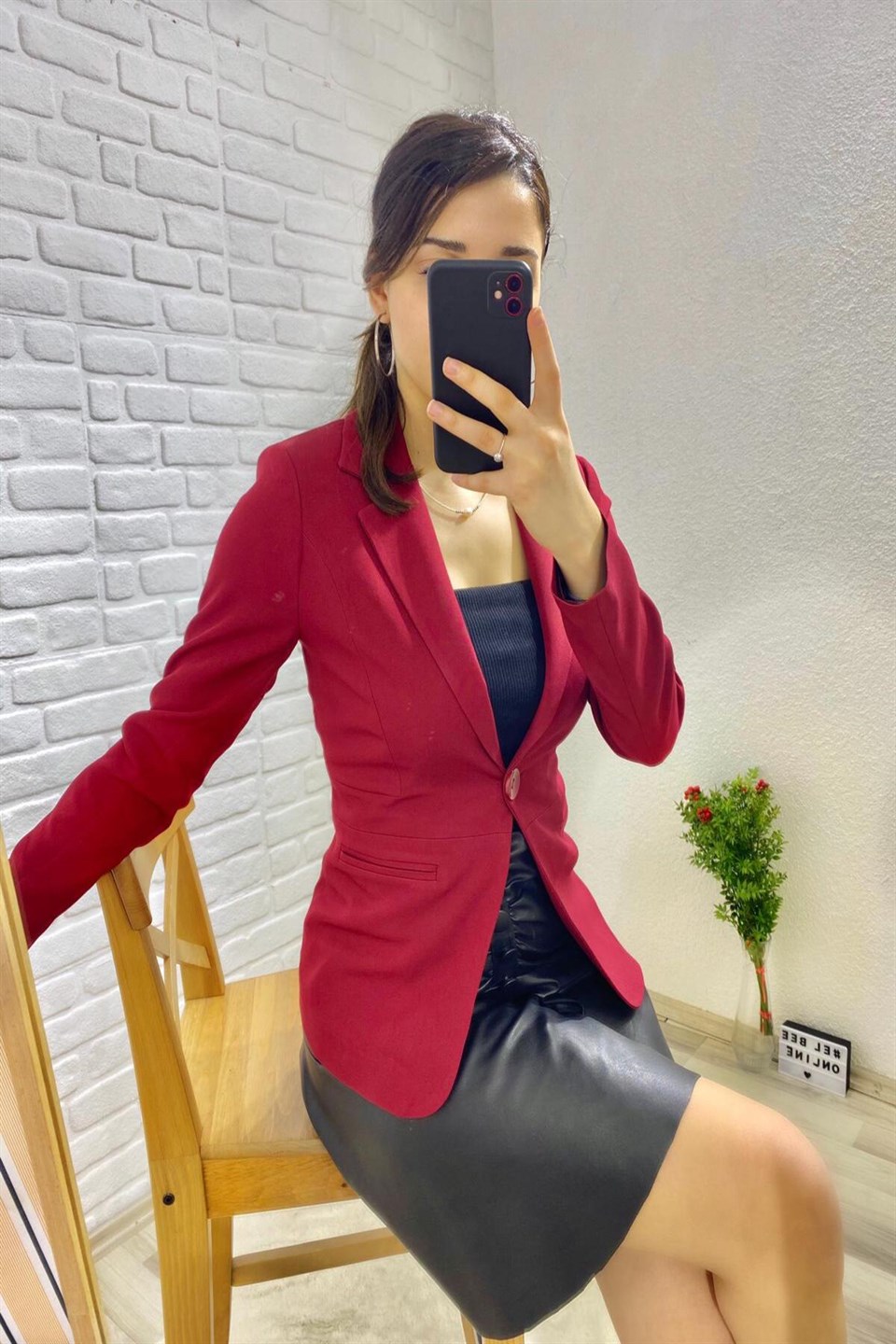 Elbee Tek Düğmeli Kadın Ceket - Bordo