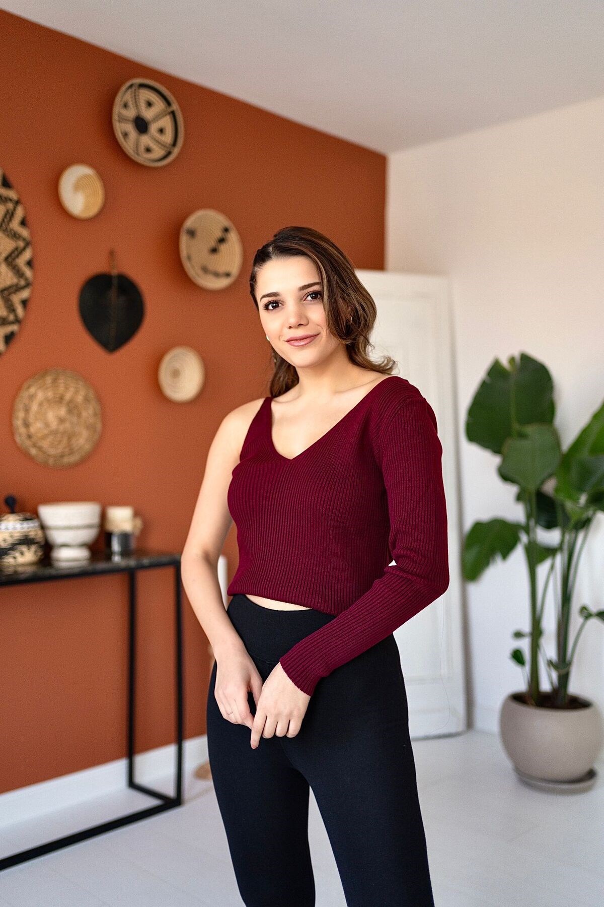 ELBEE Tek Kollu Askılı Triko Bluz - Bordo