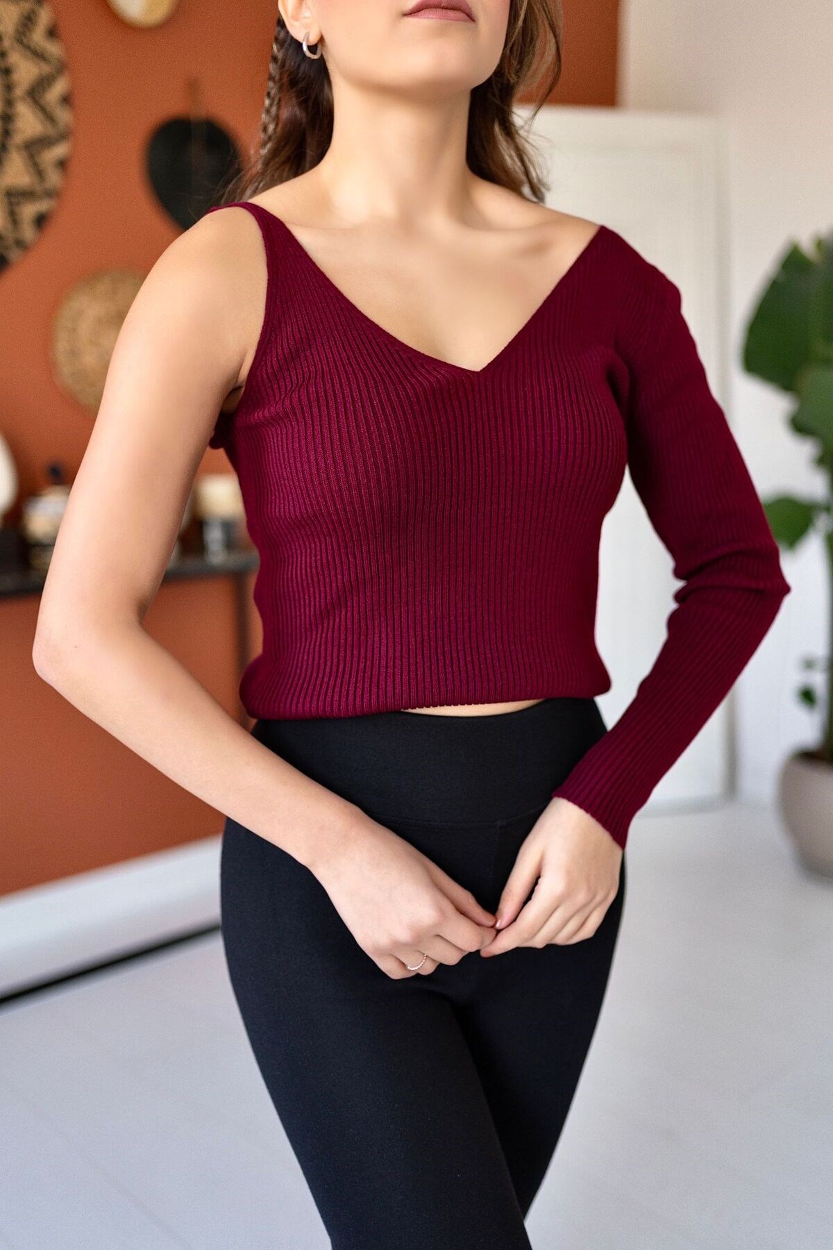 ELBEE Tek Kollu Askılı Triko Bluz - Bordo