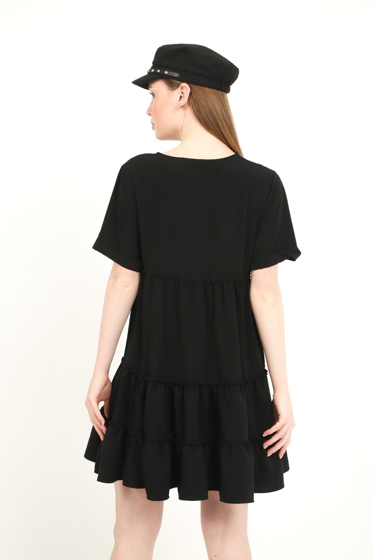 ELBEE V Yaka Büzgülü Elbise - Siyah