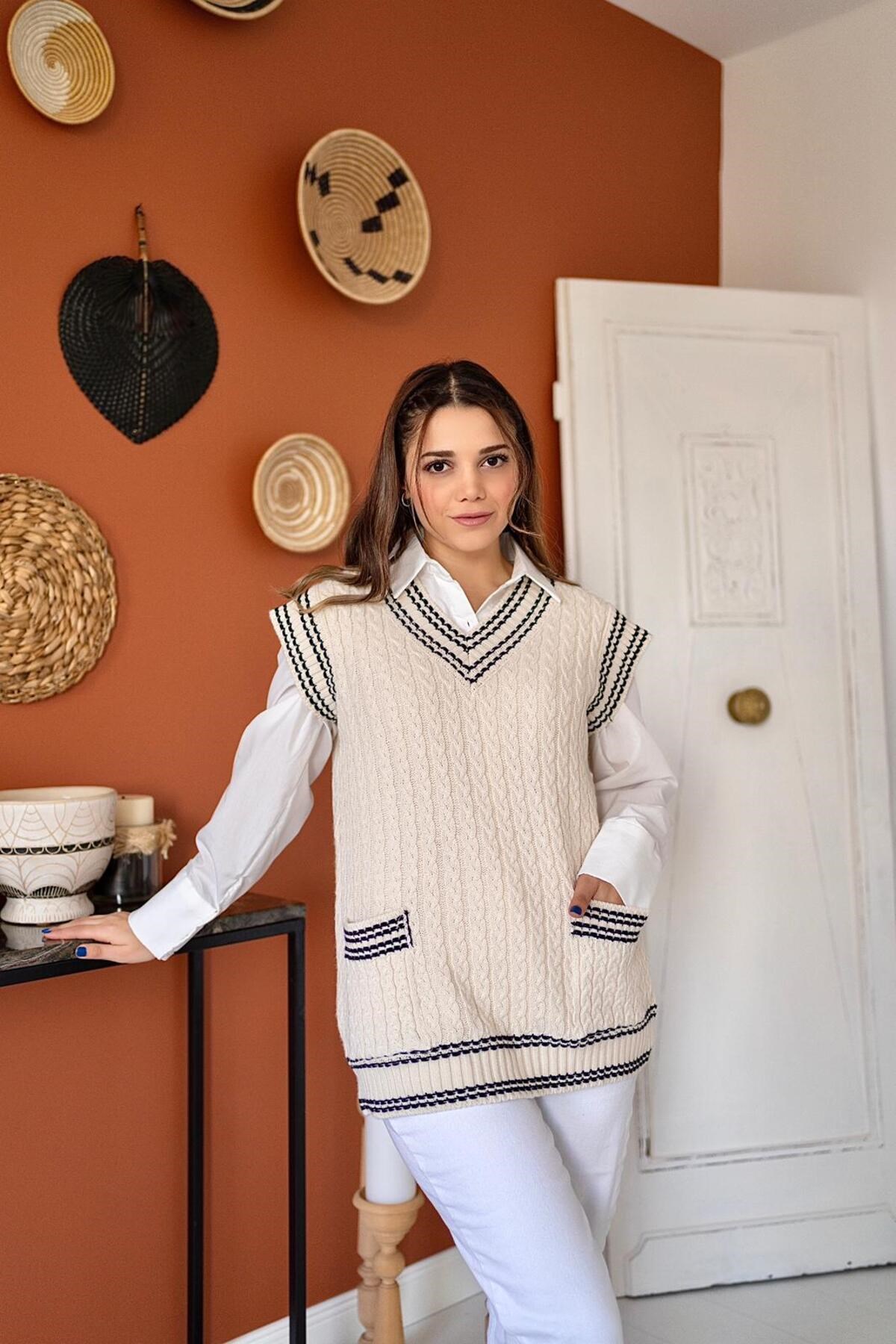 ELBEE V Yaka Süveter - Bej