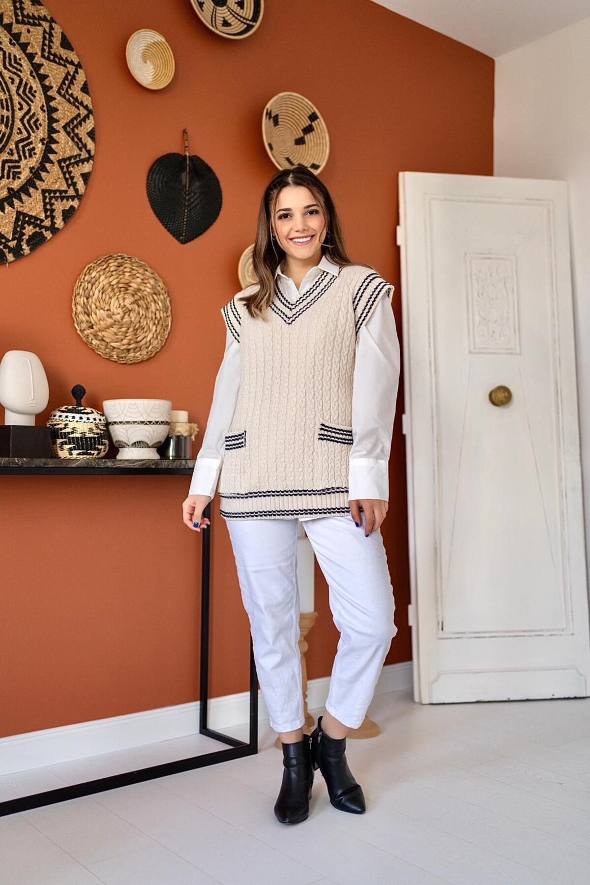 ELBEE V Yaka Süveter - Bej